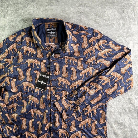 BARABAS Leopard Print Button Down Shirt Long Sleeve Novelty Navy XL - Picture 1 of 10